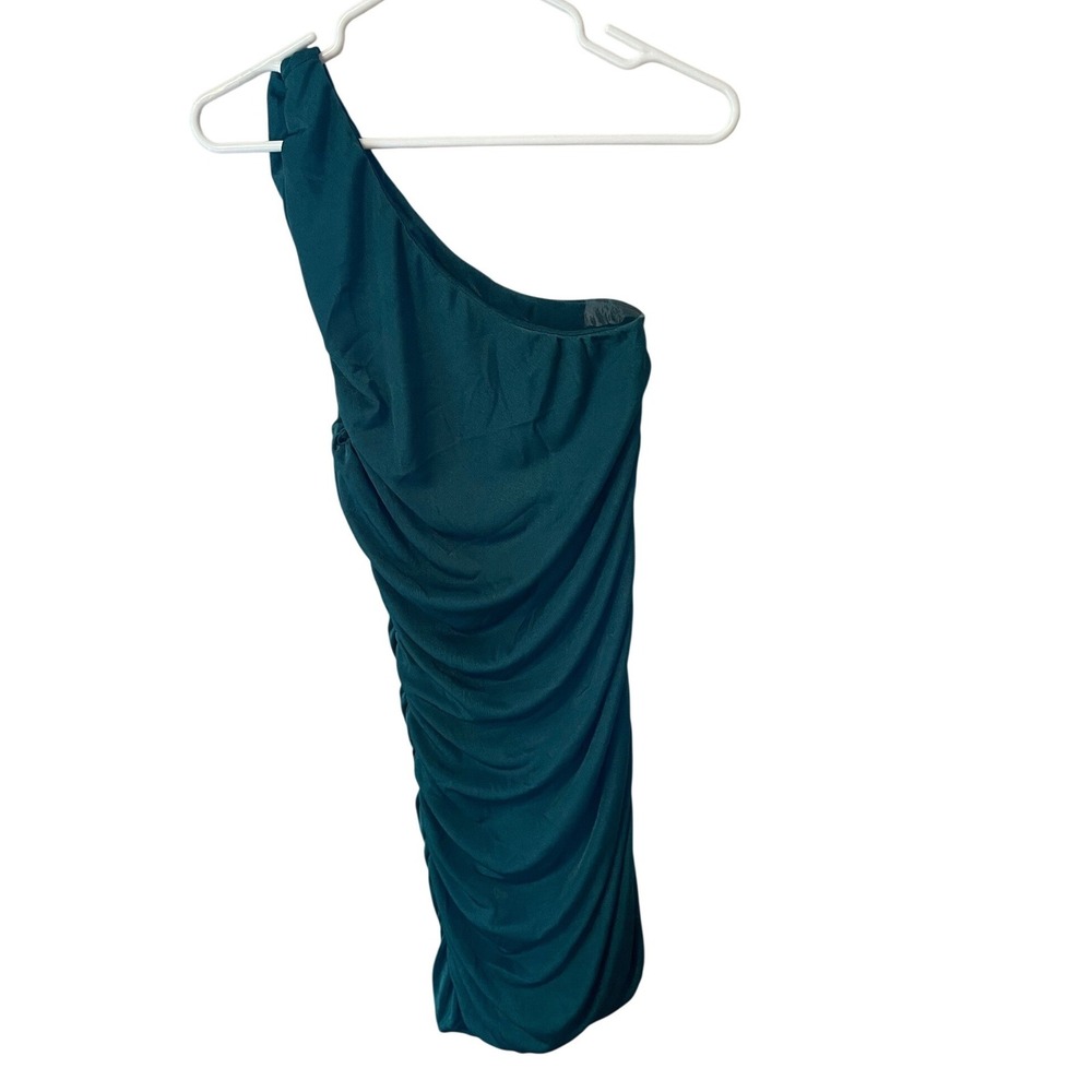 One Shoulder Ruched Bodycon Cocktail Dress Teal Green Asymmetrical XL Feminine